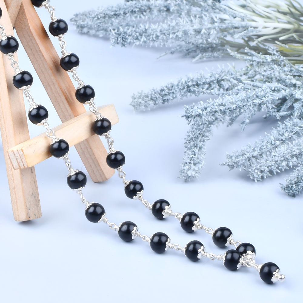 Karungali Black Ebony 925 Silver Flower Caps Mala-8 mm